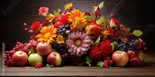 Colorful autumnal flower arrangement with fruits on wooden table.