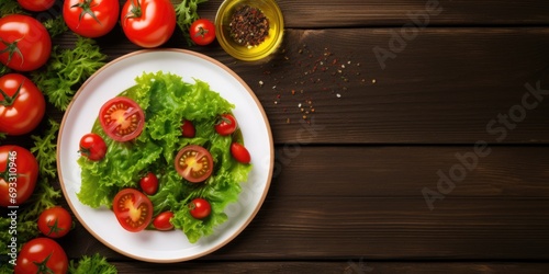 Top view close-up of cherry tomatoes, lettuce, peppers, spices, and oil arranged around a white plate on a rustic wooden background for salad preparation