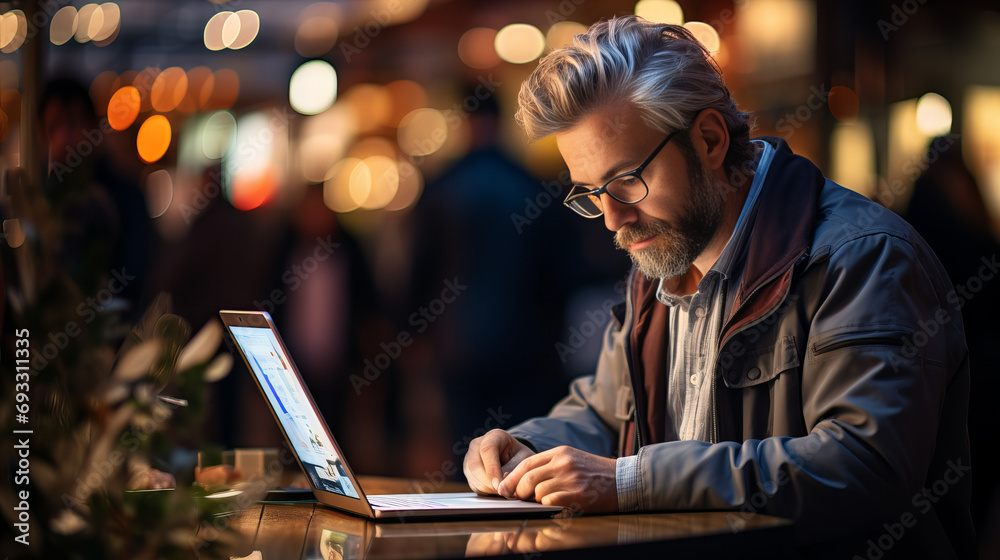 A focused man, dressed in casual clothing, sits indoors at a table, intently using his laptop as his human face displays determination and concentration A focused man, dressed in casual clothing, sits indoors at a table, intently using his laptop as his human face displays determination and concentration