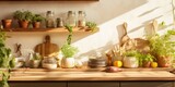 Cozy kitchen with wooden tabletop, decor, utensils, plates on shelf, and plants