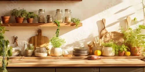 Cozy kitchen with wooden tabletop  decor  utensils  plates on shelf  and plants