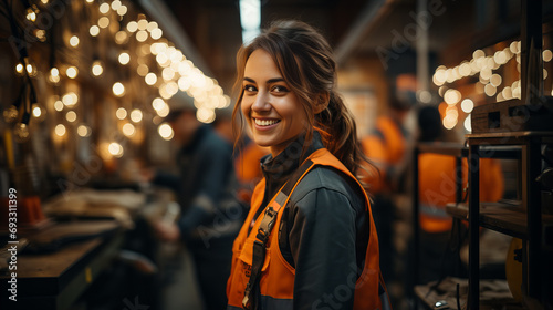 A radiant woman in an orange vest stands proudly in front of a bustling city street, her warm smile lighting up the indoor space as she embodies confidence and style