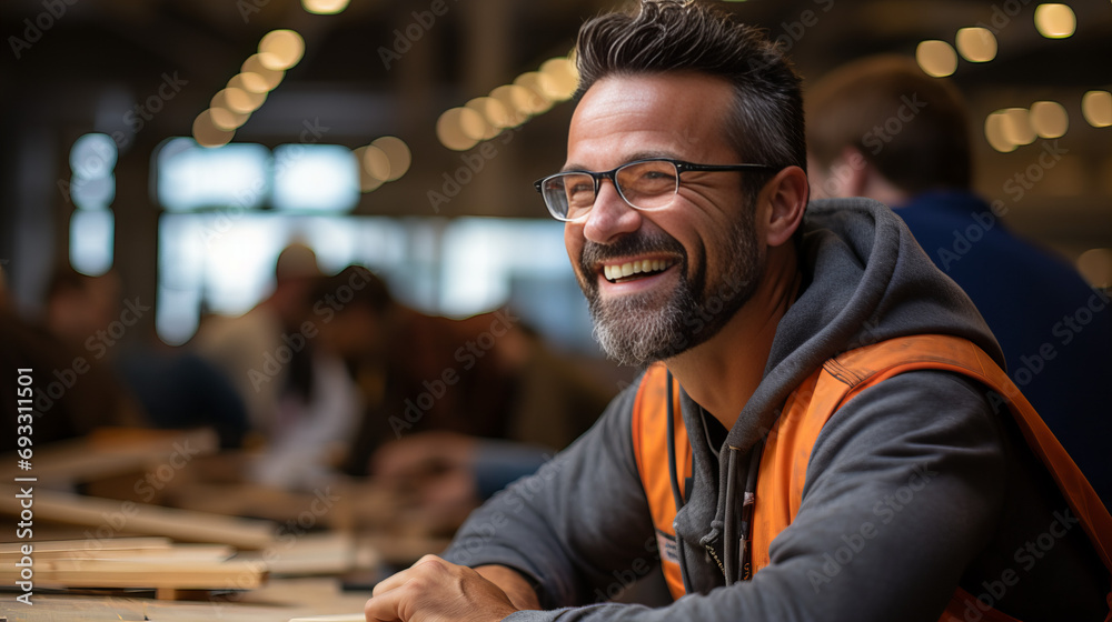 A stylish man with a charming smile and a distinguished beard, exuding confidence in his glasses and vest against a warm, wooden backdrop