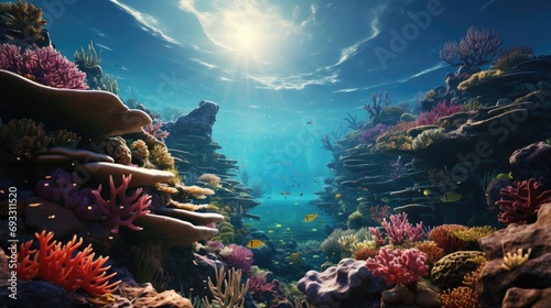 View from under the water to the sea with the underwater world of fish and corrals photo