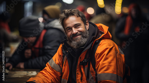 A bearded man in an orange jacket exudes warmth and joy as he walks down the bustling street, his smile infectious and his fashion sense on point