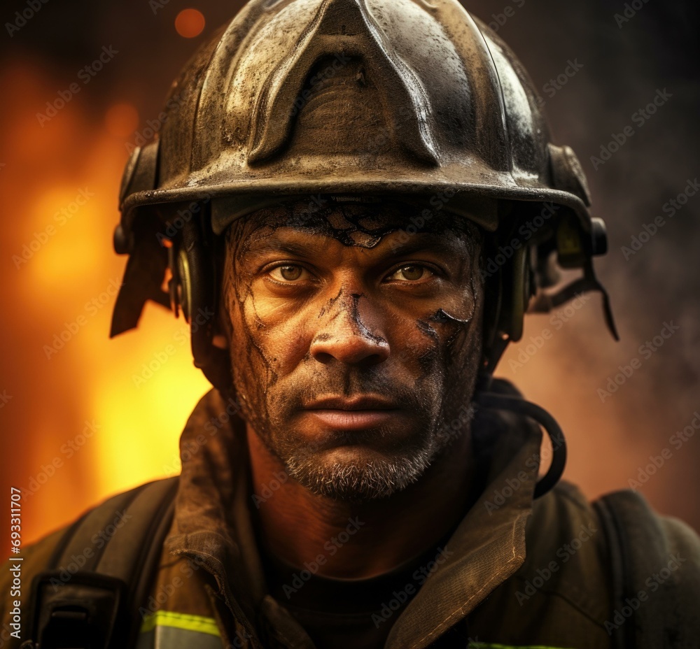 A strong firefighter strikes a humorous pose amidst billowing smoke and intense flames, showcasing their resilience and strength. Generative AI.