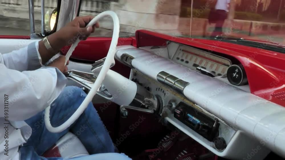 Classic Car interior. old vintage vehicle. Man hands on steering wheel