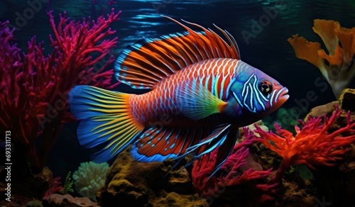 An aquarium with a colorful fish swimming in it. Generative AI.
