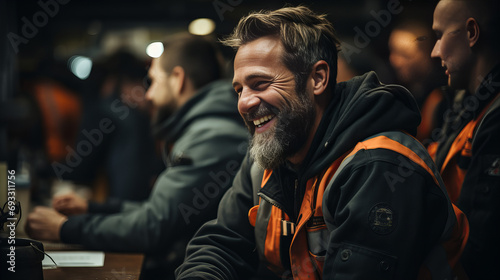 A joyful man wearing a stylish jacket and sporting a charming smile gazes directly at the camera, exuding confidence and warmth in an indoor setting