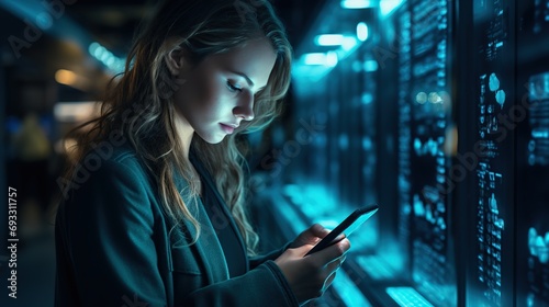 Big Data Center Female Chief Technology Officer Using Laptop Standing In Warehouse, Activates Servers, Information Digitalization Starts. SAAS, Cloud Computing, Online Service