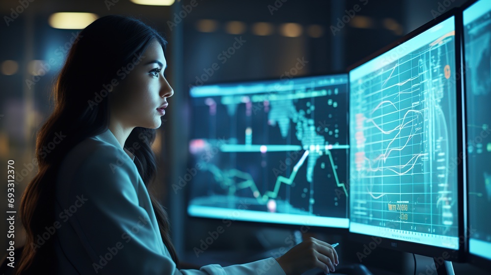 A female senior data scientist is in the monitoring room, reviewing reports from the risk management department on a large digital screen. Employees of a Diverse Consulting Firm Using Desktop Computer A female senior data scientist is in the monitoring room, reviewing reports from the risk management department on a large digital screen. Employees of a Diverse Consulting Firm Using Desktop Computer