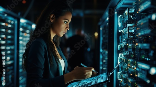 Female IT Specialist Uses Tablet in Data Center. Server Farm Cloud Computing Facility with Maintenance Administrator Working. Cyber Security Engineer Working in Personal Network Protection photo