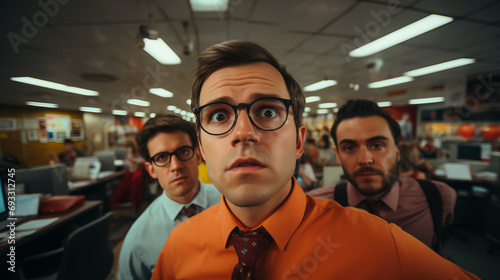 Office workers taking a selfie - retro vintage feel - webcam - zoom - eccentric and quirky charm  © Jeff