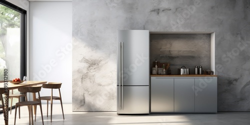 Modern steel refrigerator in a stylish kitchen photo