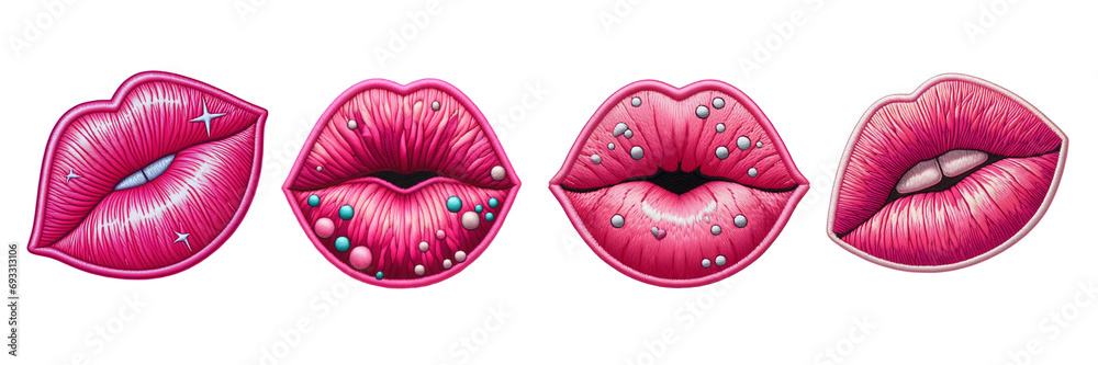 Set of beautiful pink lips embroidered patch badge, Valentine's day, isolated over on transparent background(2) - obrazy, fototapety, plakaty 