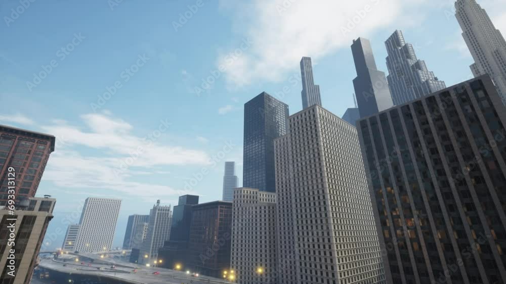 The camera soars over the developed road infrastructure in the center of a metropolis. The camera soars over the developed road infrastructure in the center of a metropolis.