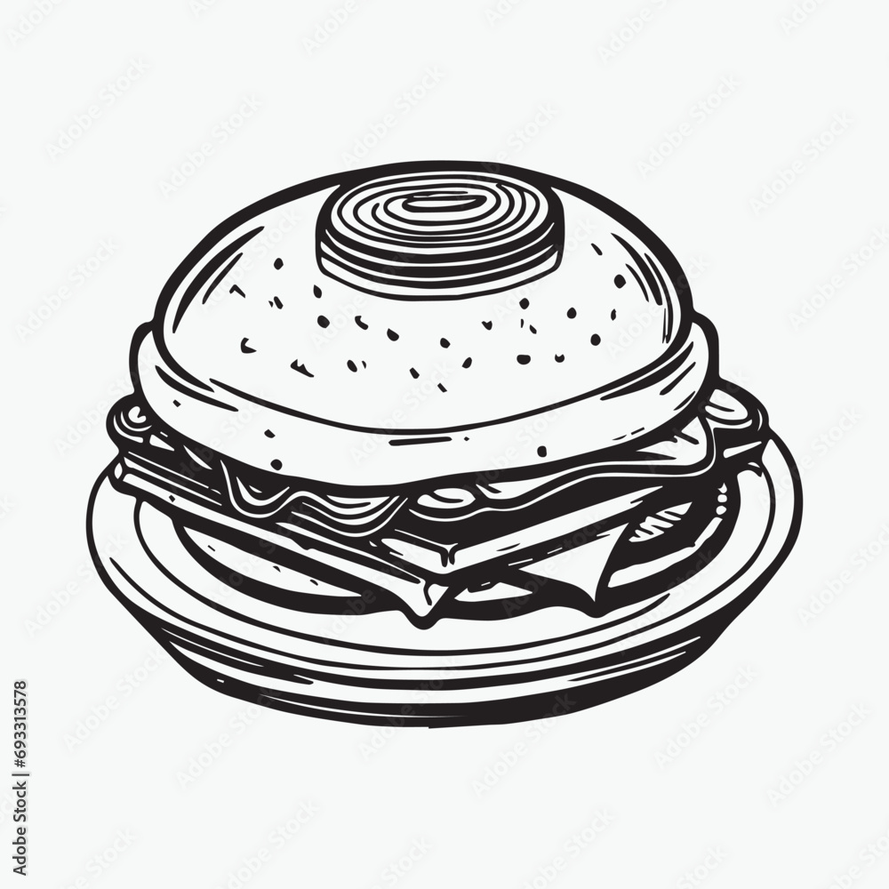 Burger coloring page hand drawn black and white color