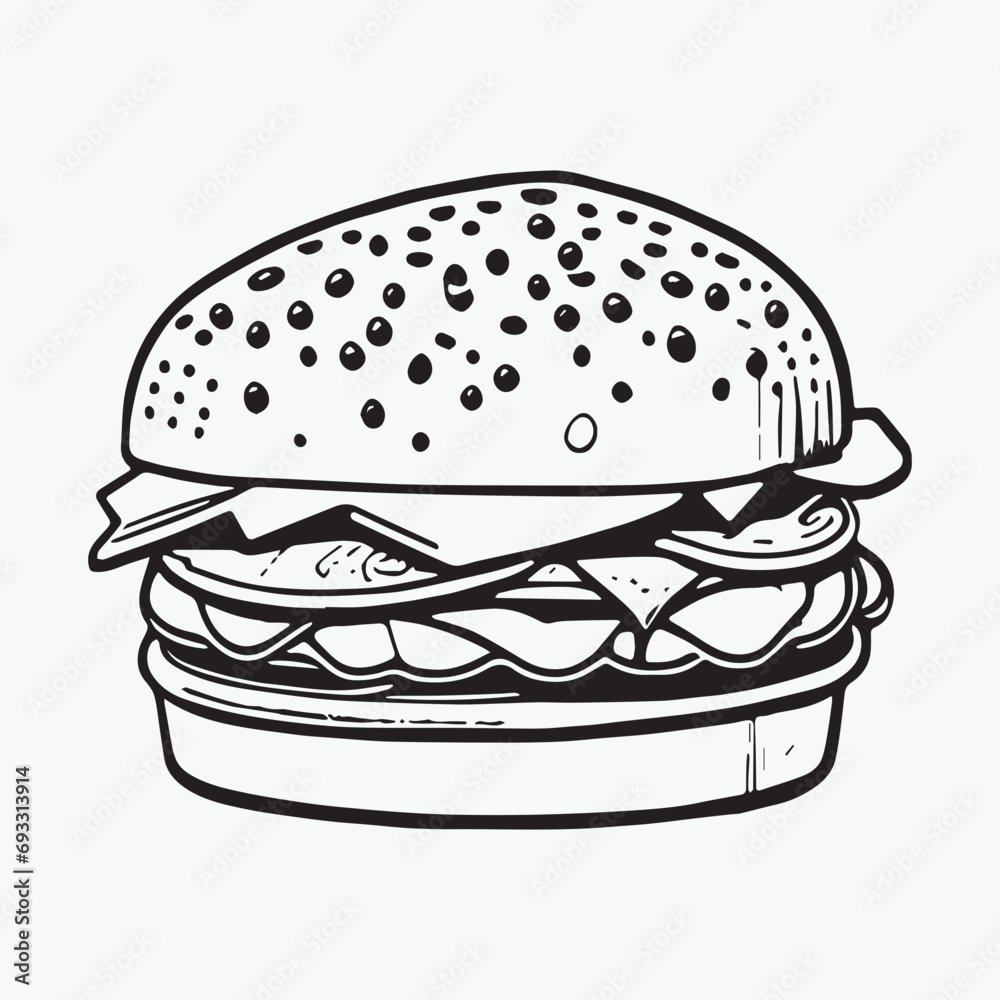 Burger coloring page hand drawn black and white color Burger coloring page hand drawn black and white color