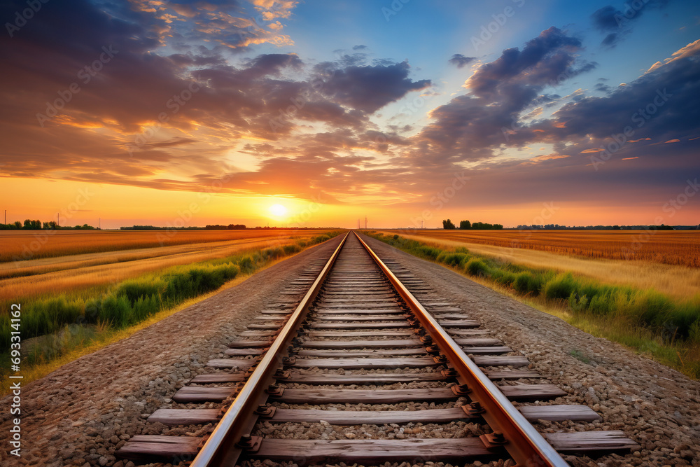 Obraz premium photo of railroad tracks headed off into the horizon of a rural sunset