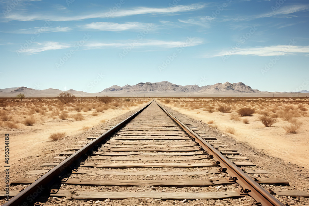 photo of railroad tracks headed off into the horizon of a large desert