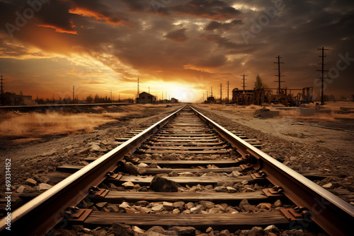 photo of railroad tracks headed off into the horizon of a dystopian landscape, abandoned town