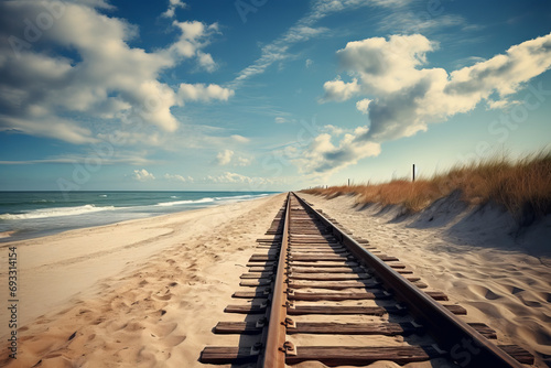 photo of railroad tracks headed off into the horizon of a sandy beach