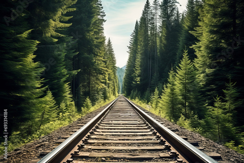 photo of railroad tracks headed off into the horizon of an evergreen forest photo