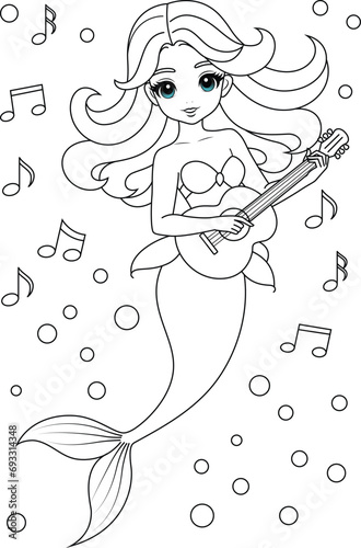 Hand-drawn illustration of kawaii mermaid princess playing the guitar coloring page for kids and adults. Mermaid colouring book