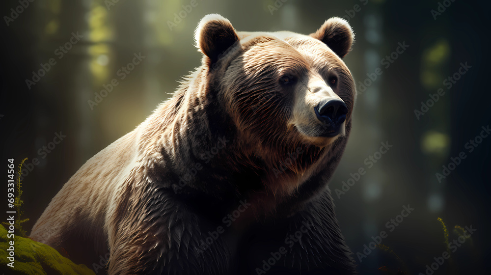 Obraz premium Beautiful bear in the forest with tyndall effect. Vector Illustration