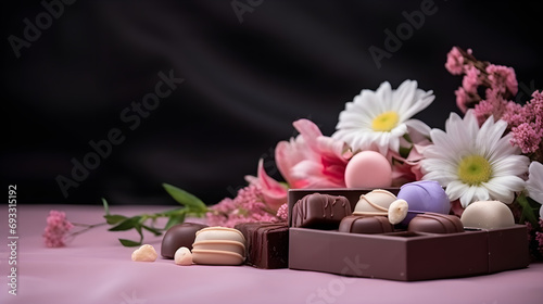 A box with chocolates and flowers on a dark background