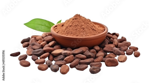 Cocoa powder with cocoa beans on white isolated on clear png background and transparent background. food drink and dessert concept for cafe and restaurent, AI generative. 