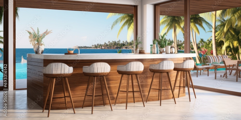 Tropical hotel kitchen with panoramic window, dining table, bar island, and stool.