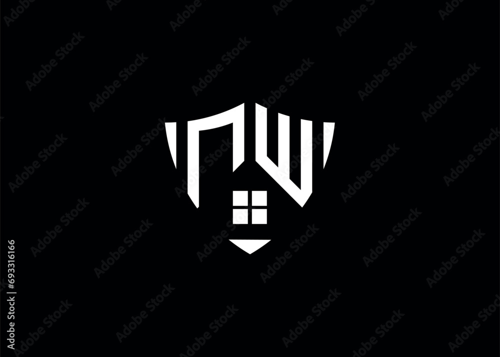 Real estate letter NW shield shape logo and house building vector template Real estate letter NW shield shape logo and house building vector template