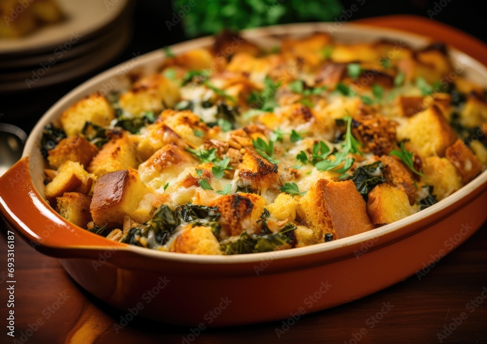 A close-up shot of a Thanksgiving stuffing dish, captured from a bird's-eye view, showcasing the