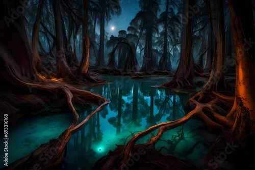a hidden valley bathed in the soft glow of a bioluminescent phenomenon, where ancient trees lean towards a mysterious, glowing pool photo