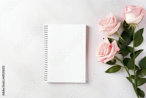 Background with rose flowers and empty notebook for text blank diary rose flower decoration  © JR BEE