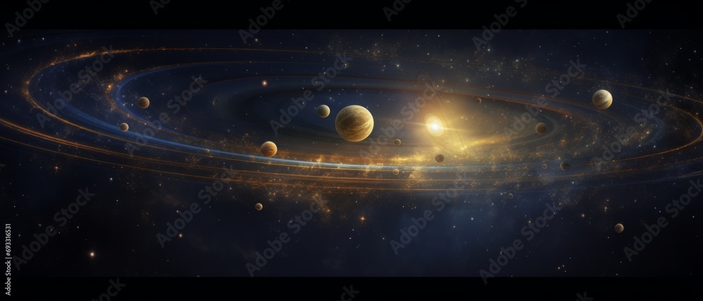 Solar system, gold and a little blue, surrounded by Particles, Solid Color Backgrounds , universe, cosmic, masterpieces. Cosmic orbit space - obrazy, fototapety, plakaty 