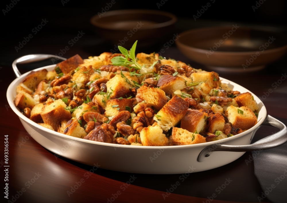 A photorealistic and highly detailed image of a Thanksgiving stuffing dish, captured with a