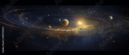Solar system, gold and a little blue, surrounded by Particles, Solid Color Backgrounds , universe, cosmic, masterpieces. Cosmic orbit space