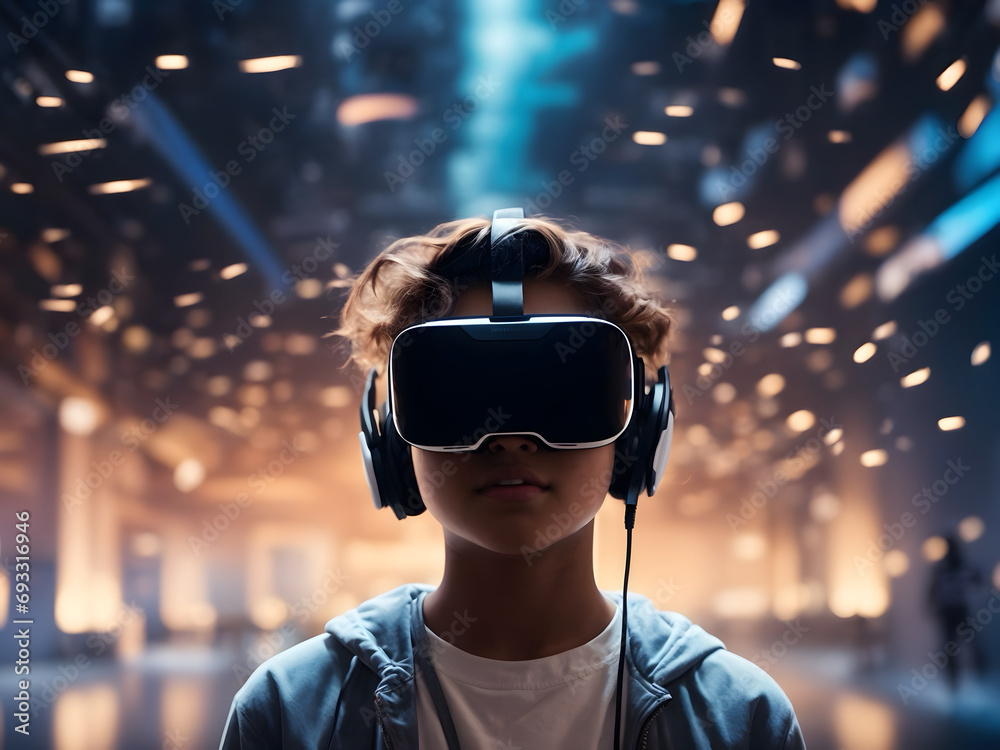 A teenager enjoying modern technology with a VR headset A teenager enjoying modern technology with a VR headset