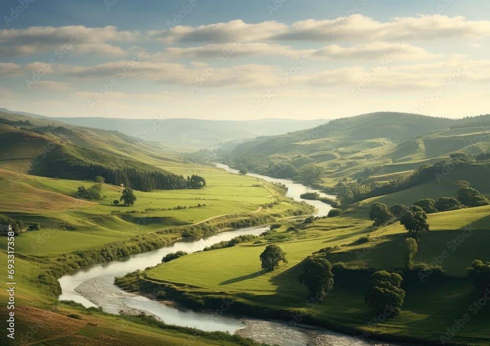 A serene countryside landscape with rolling hills and a winding river, captured from a panoramic