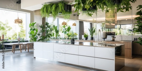 Modern apartment with large mirror and plants on island in spacious kitchen.