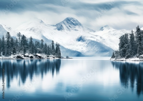 A serene mountain lake surrounded by snow-capped peaks, captured from a panoramic view. The image