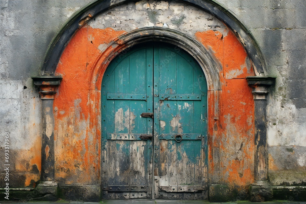 Old wooden door with orange and green paint, in an old building