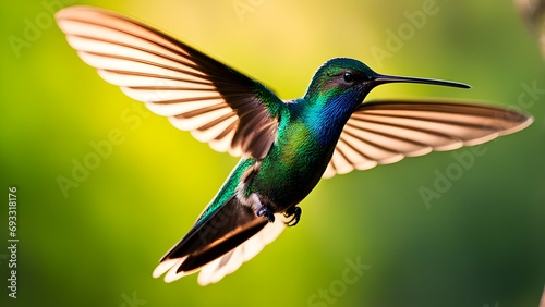 A close-up of a hummingbird in mid-flight, its iridescent feathers reflecting the sunlight.