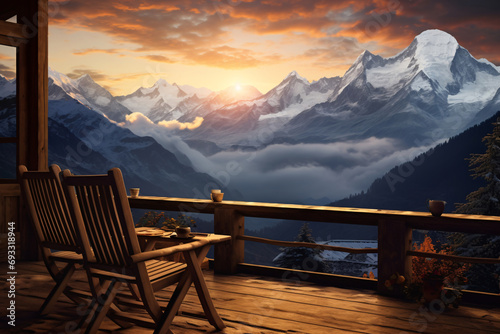 The First Sip of Inspiration Coffee with a Breathtaking View of Sunrise Over Snow-Capped Mountains