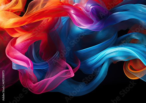 A surrealistic composition of smoke intertwining with vibrant colored ribbons  creating a visually