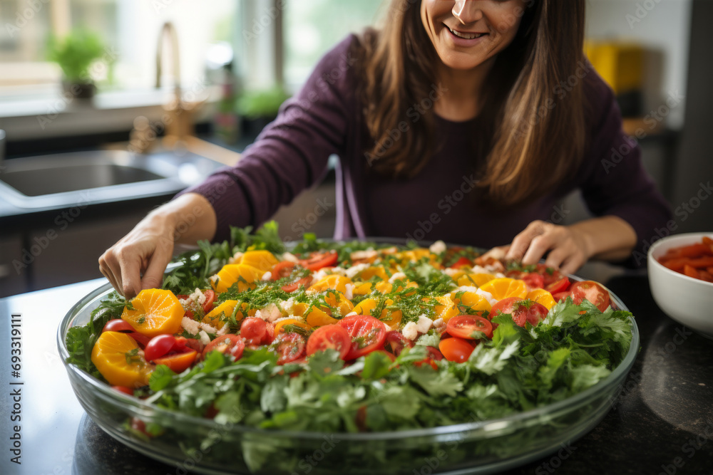 Beautiful young woman preparing vegetable salad in the kitchen. Healthy Food. Dieting Concept