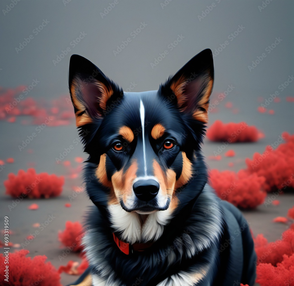 Portrait of a dog on a background of red flower petals