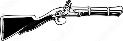 Illustration of old mushket gun isolated on white background. Design element for emblem, sign, poster, badge. Vector illustration photo